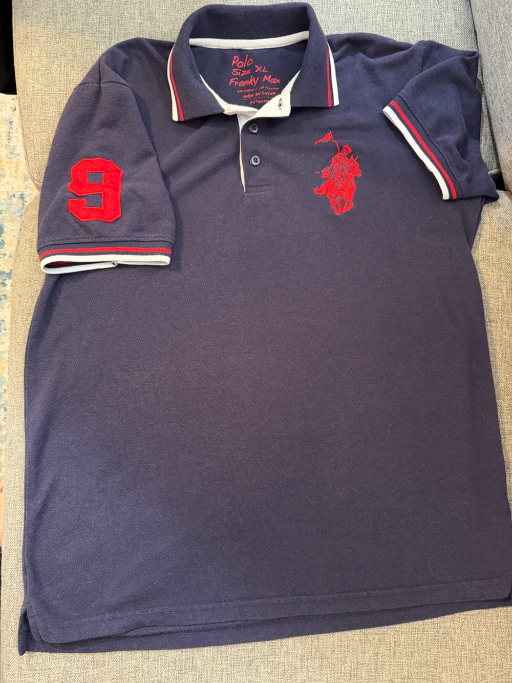 Franky Max Navy Polo Shirt with Red Accents - Classic Short Sleeve GUC Size XL